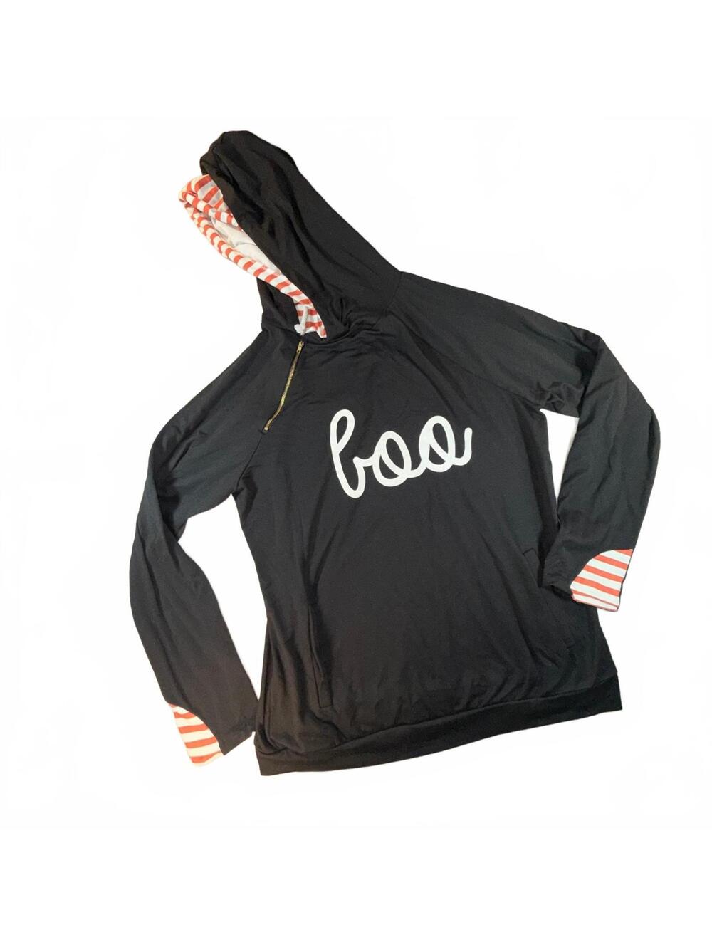 Black “Boo” Halloween Hooded Pullover Size Large